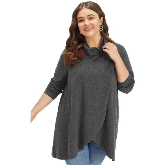 Bloomchic 2X Gray Plain Wrap Hem Turtleneck Sweatshirt New - Picture 1 of 6